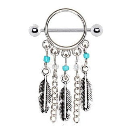 316L Surgical Steel Turquoise Beads Feather Dangle Nipple Shield | Fashion Hut Jewelry