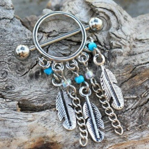 316L Surgical Steel Turquoise Beads Feather Dangle Nipple Shield | Fashion Hut Jewelry