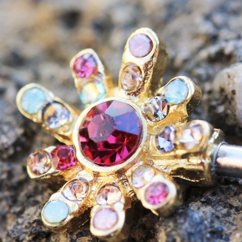 Gold Plated Rainbow CZ Flower Nipple Bar