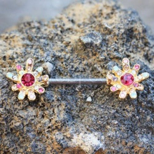 Gold Plated Rainbow CZ Flower Nipple Bar | Fashion Hut Jewelry