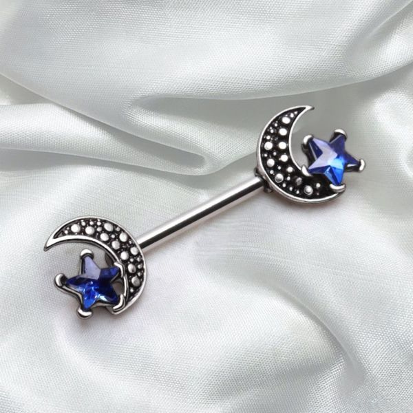 316L Stainless Steel Moon and Blue Star Nipple Bar