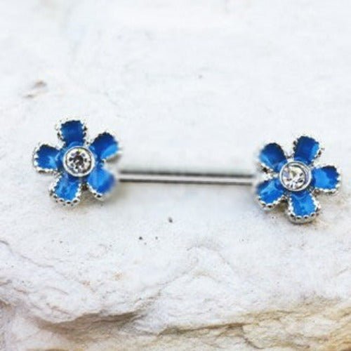 316L Stainless Steel Jeweled Teal Blue Flower Nipple Bar | Fashion Hut Jewelry