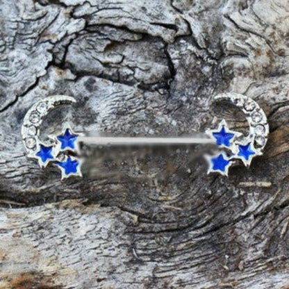 316L Stainless Steel Jeweled Moon and Star Nipple Bar | Fashion Hut Jewelry