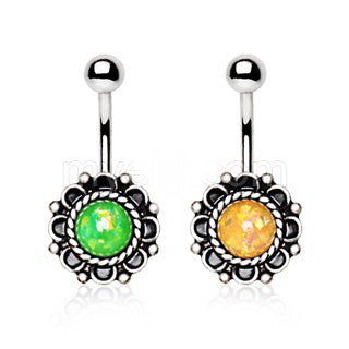 Antique Synthetic Opal Floral Charm Navel Ring | Fashion Hut Jewelry