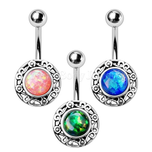 316L Stainless Steel Antique Navel Ring with Adorned Synthetic Opal