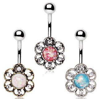 316L Stainless Steel Synthetic Opal Floral Navel Ring - Fashion Hut Jewelry