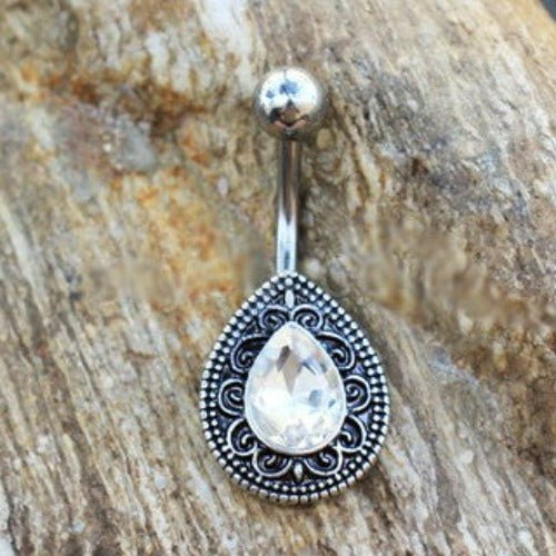 316L Stainless Steel Ornate Teardrop Navel Ring | Fashion Hut Jewelry