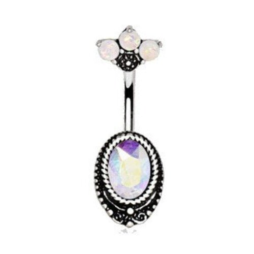 316L Surgical Steel Aurora Borealis CZ Navel Ring with Opal Fan Top | Fashion Hut Jewelry