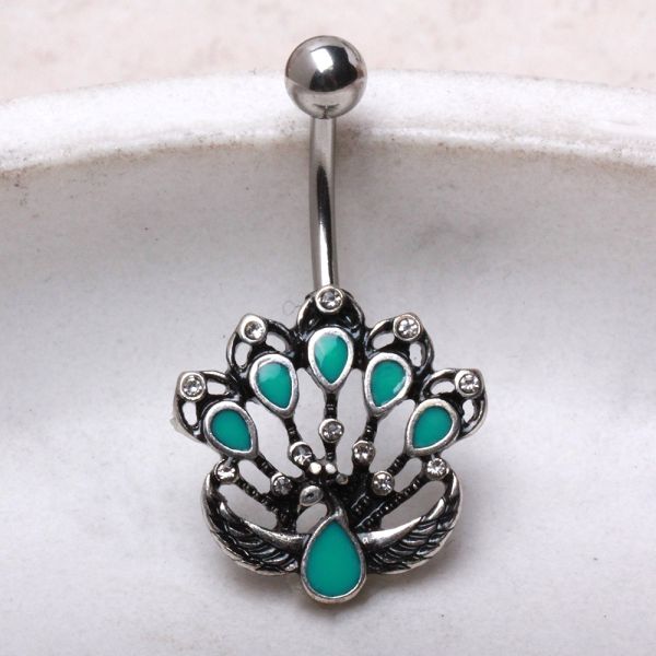 316L Stainless Steel Jeweled Peacock Navel Ring