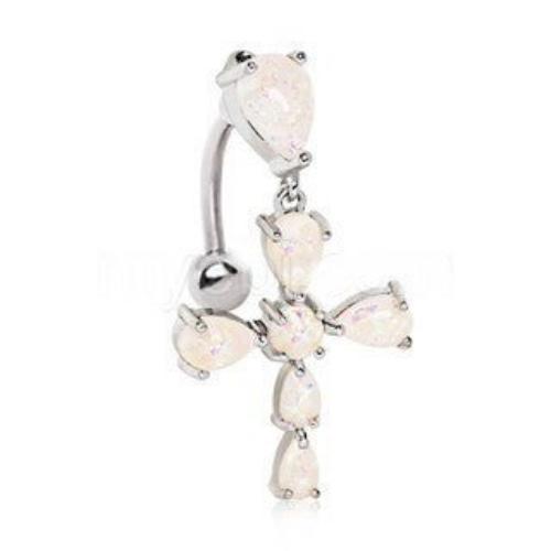 316L Stainless Steel White Synthetic Opal Cross Top Down Navel Ring | Fashion Hut Jewelry