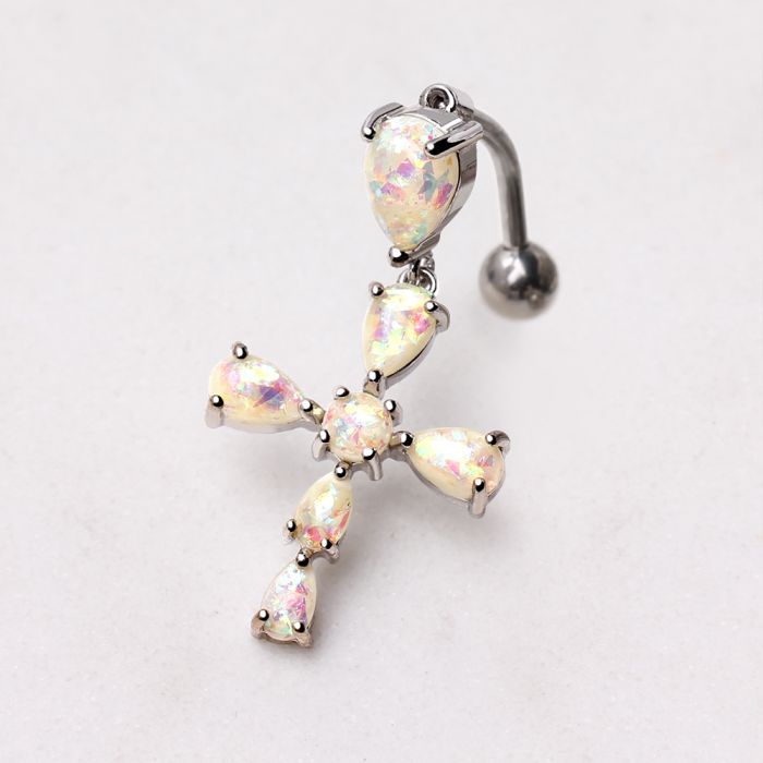 316L Stainless Steel White Synthetic Opal Cross Top Down Navel Ring