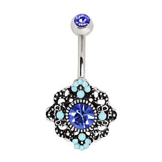 316L Stainless Steel Ornate Blue Flower Navel Ring | Fashion Hut Jewelry