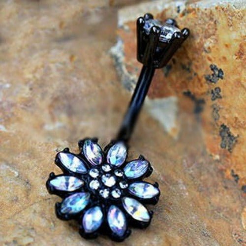 Black PVD Plated Aurora Borealis Flower Navel Ring | Fashion Hut Jewelry