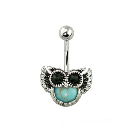 Antique Silver Turquoise Gem Owl 316L Surgical Steel Navel Ring | Fashion Hut Jewelry