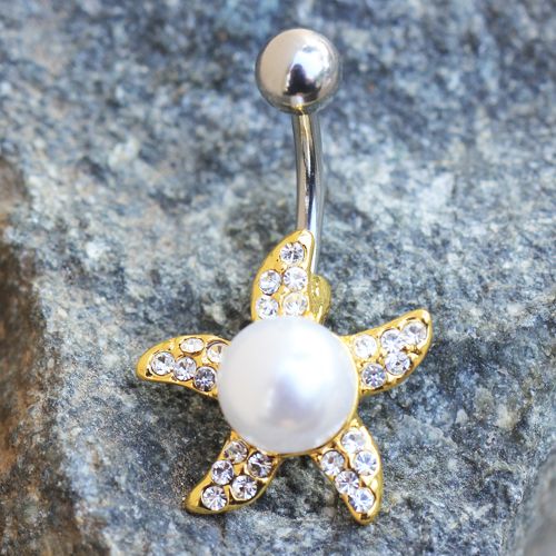 Gold Pearl Accent Starfish Navel Ring