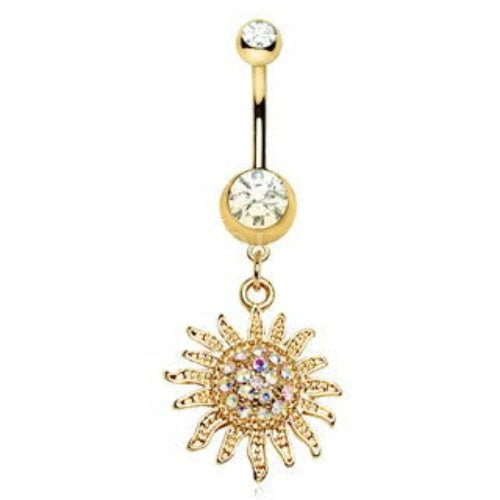 Gold Plated Shimmering Sunburst Dangle Navel Ring | Fashion Hut Jewelry