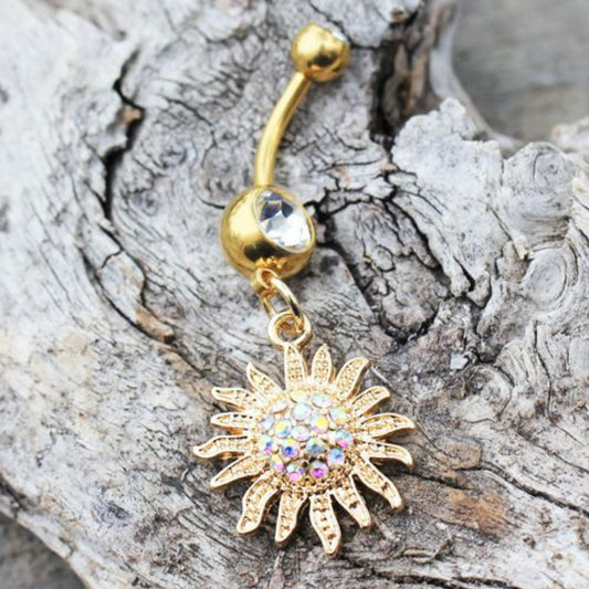Gold Plated Shimmering Sunburst Dangle Navel Ring - Fashion Hut Jewelry