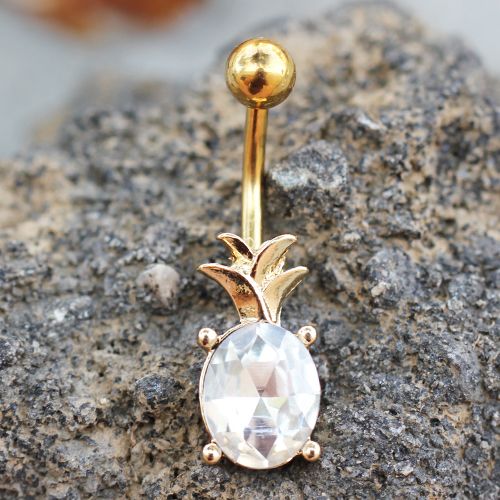 Gold Plated Jeweled Pineapple Navel Ring