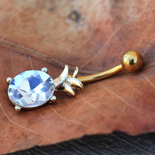 Gold Plated Jeweled Pineapple Navel Ring