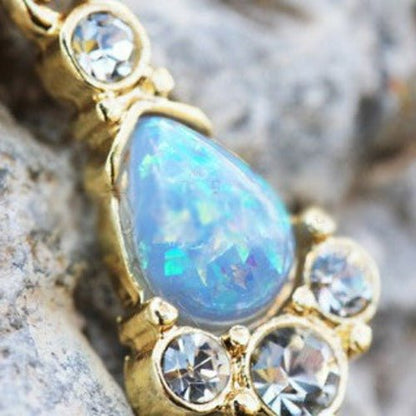 Gold Light Blue Tear Drop Synthetic Opal Dangle Navel Ring | Fashion Hut Jewelry