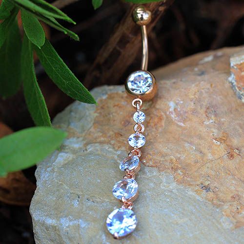 Rose Gold Plated Cascading CZ Dangle Navel Ring | Fashion Hut Jewelry