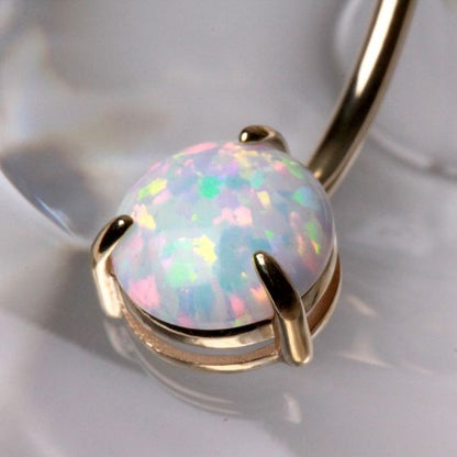 14Kt Yellow Gold Navel Ring with Prong Set White Synthetic Opal
