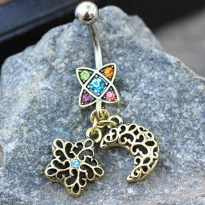 316L Stainless Steel Golden Moon & Star Dangle Navel Ring | Fashion Hut Jewelry