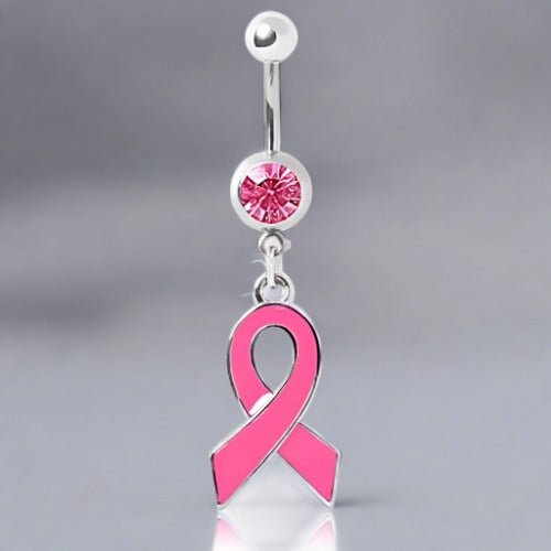 316L Gemmed Navel Ring with Enameled Pink Awareness Ribbon Dangle | Fashion Hut Jewelry