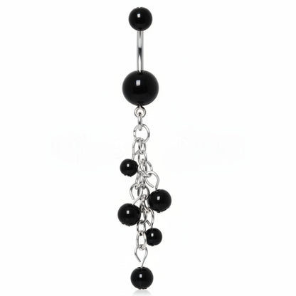 316L Surgical Steel Black Acrylic Navel Ring with Beaded Chain Cascade - Fashion Hut Jewelry