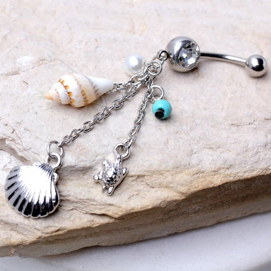 Beach Charms Dangle Navel Ring Belly Ring 10 mm, 14g (1.6 mm) - Fashion Hut Jewelry