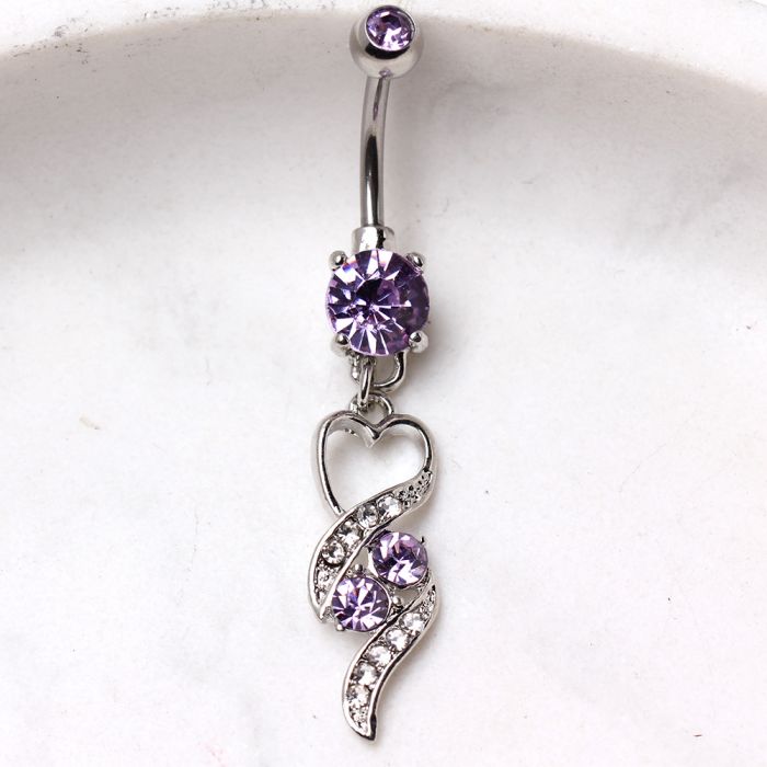 316L Surgical Steel Gemmed Navel Ring with Elegant Heart Spiral Dangle - Fashion Hut Jewelry