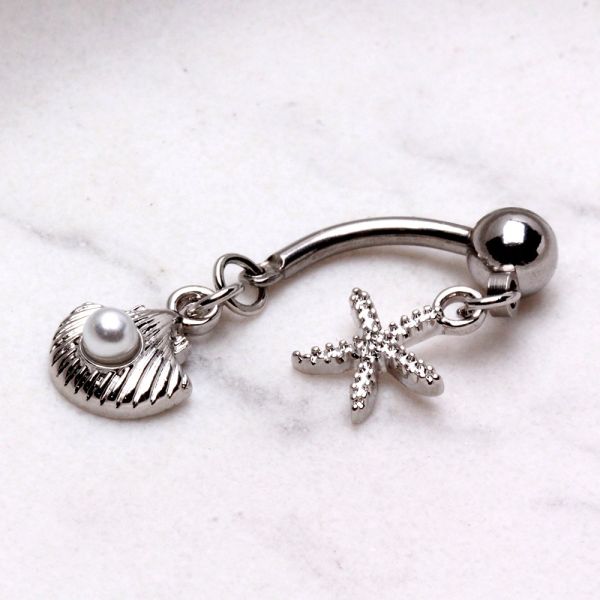 316L Stainless Steel Starfish and Pearl Seashell Double Dangle Navel Ring