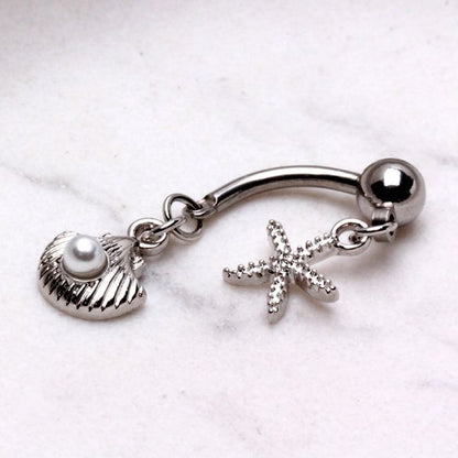 316L Stainless Steel Starfish and Pearl Seashell Double Dangle Navel Ring