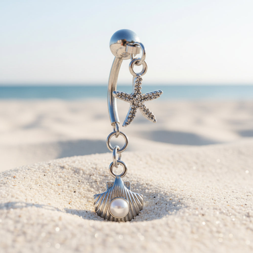 316L Stainless Steel Starfish and Pearl Seashell Double Dangle Navel Ring