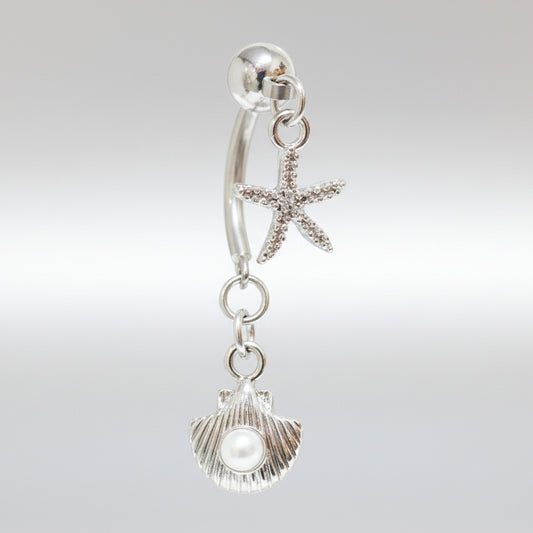 316L Stainless Steel Starfish and Pearl Seashell Double Dangle Navel Ring
