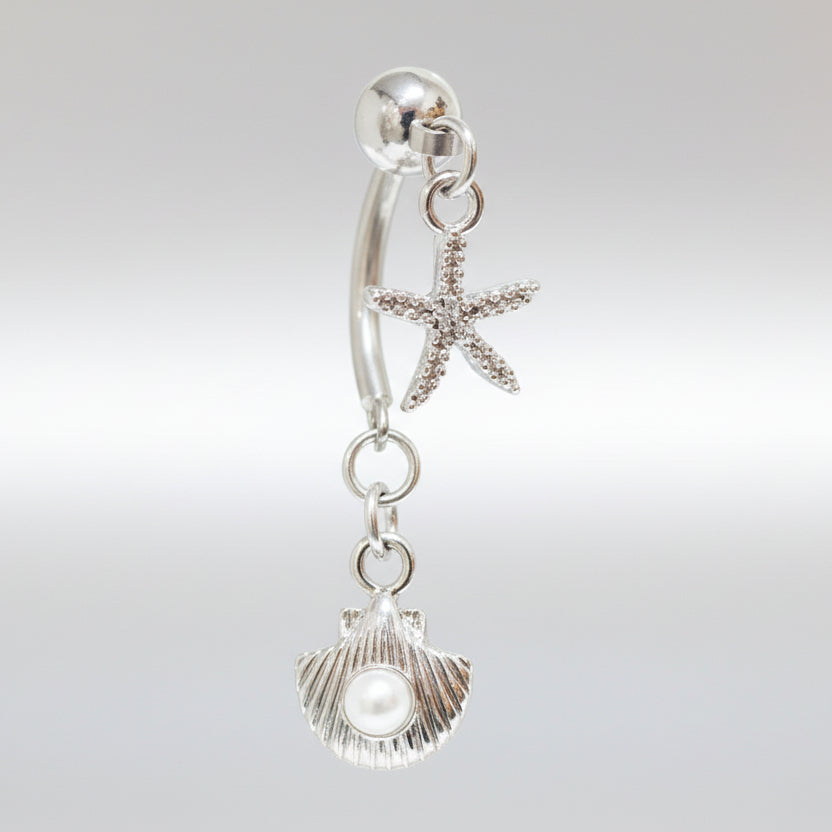 316L Stainless Steel Starfish and Pearl Seashell Double Dangle Navel Ring