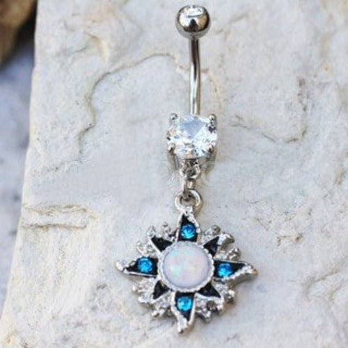 316L Stainless Steel White Opal Sunburst Navel Ring | Fashion Hut Jewelry