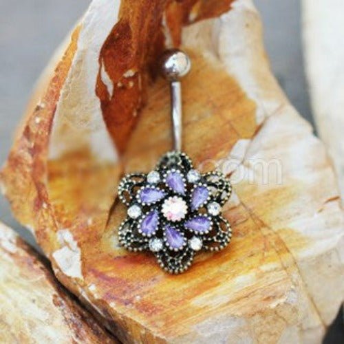 Antique Gold Plated Ornate Jeweled Camellia Flower Navel Ring | Fashion Hut Jewelry