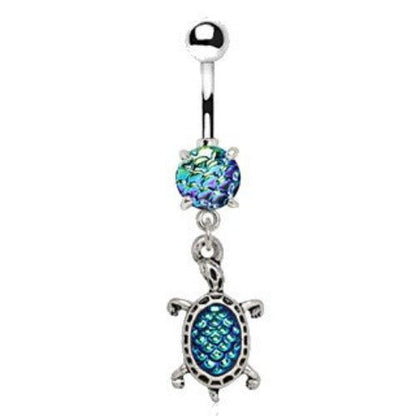 316L Stainless Steel Ocean Blue Scales Turtle Dangle Navel Ring | Fashion Hut Jewelry