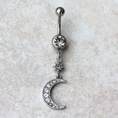 316L Stainless Steel Glittering Moon & Star Dangle Navel Ring