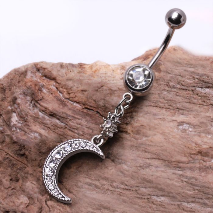 316L Stainless Steel Glittering Moon & Star Dangle Navel Ring