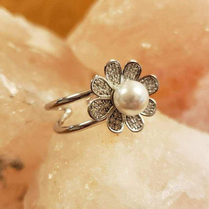 White Gold Dipped CZ Flower Acrylic Pearl Adjustable Ring