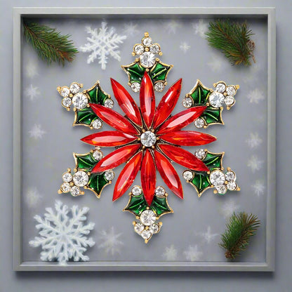 Christmas Red Poinsettia Snowflake Brooch