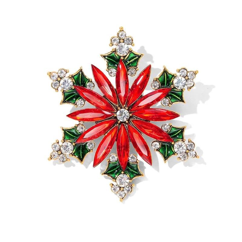 Christmas Red Poinsettia Snowflake Brooch