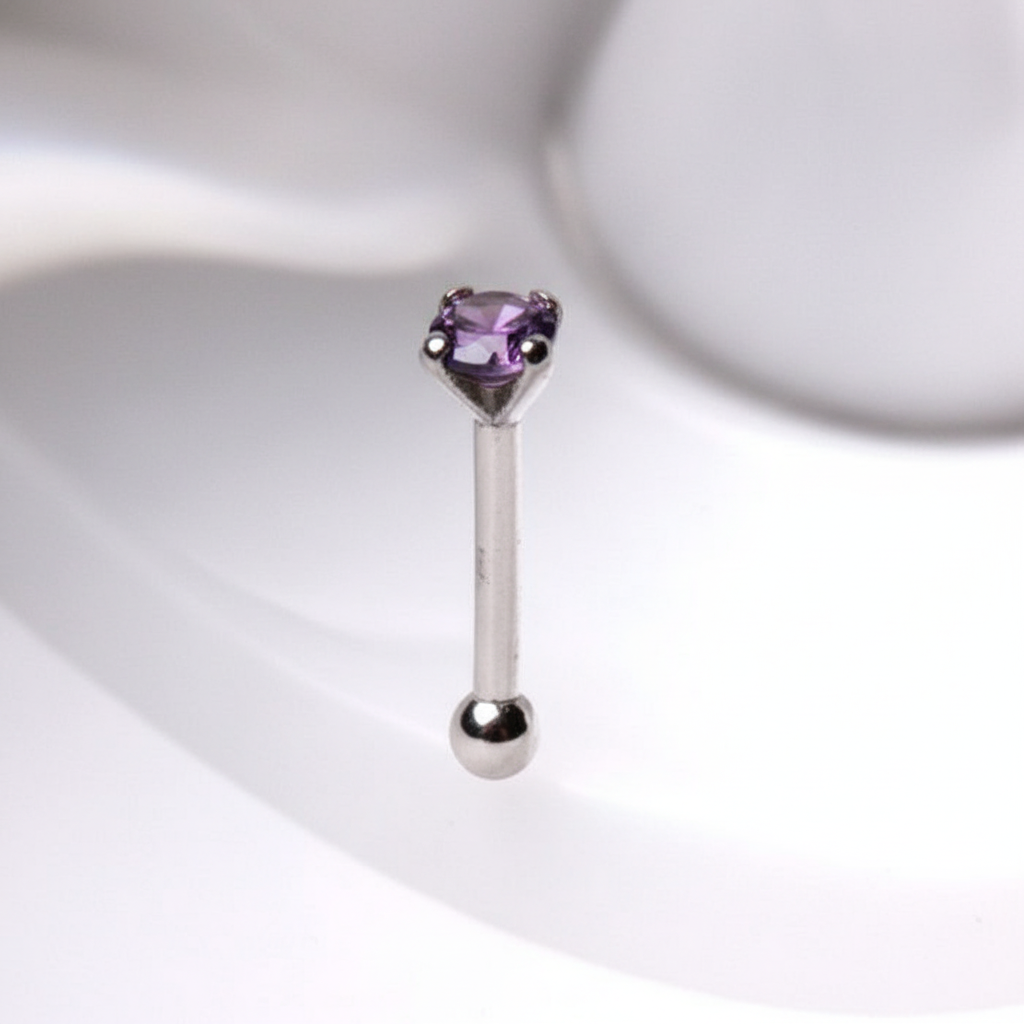 14Kt White Gold Stud Nose Ring with Prong Setting Gem - multiple options are available