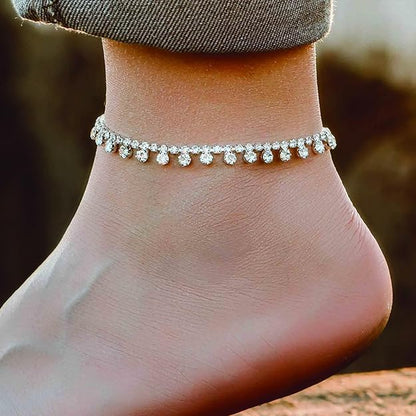 Rhinestone Water Drop Anklet Foot Jewelry for Women Silver