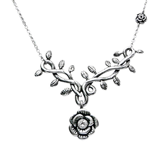 Rose Vine White CZ Pendant Necklace Delicate Silver Plated