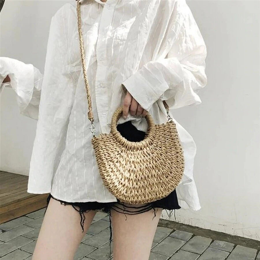Summer Top Handle Semi Circle Straw Bag