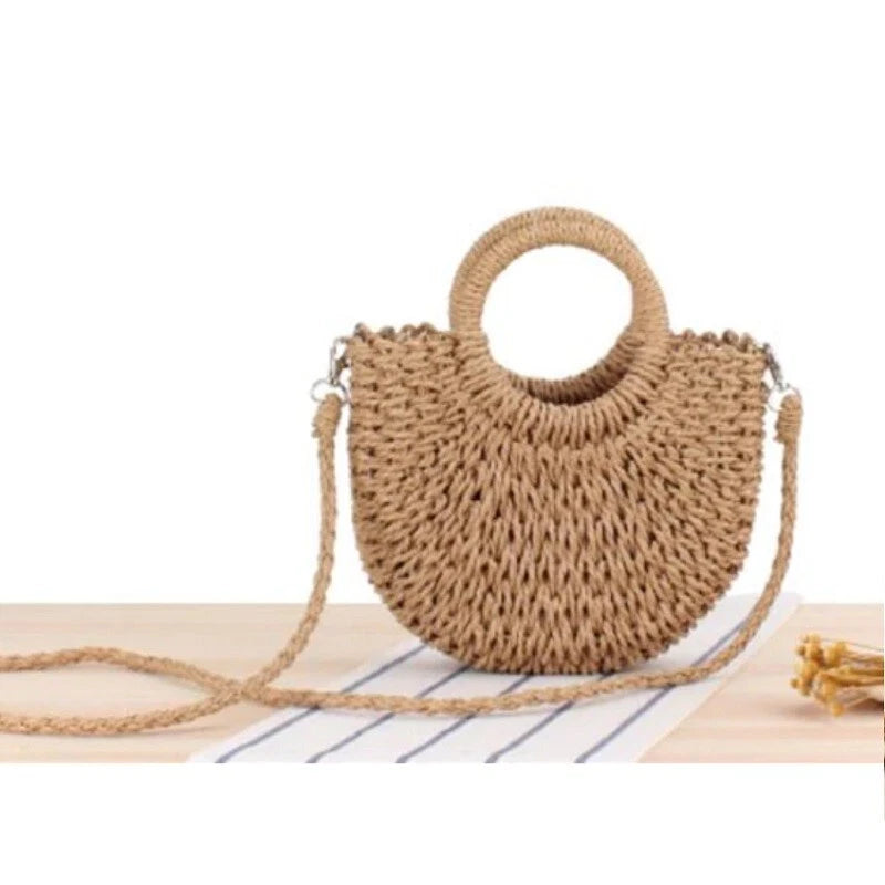 Summer Top Handle Semi Circle Straw Bag