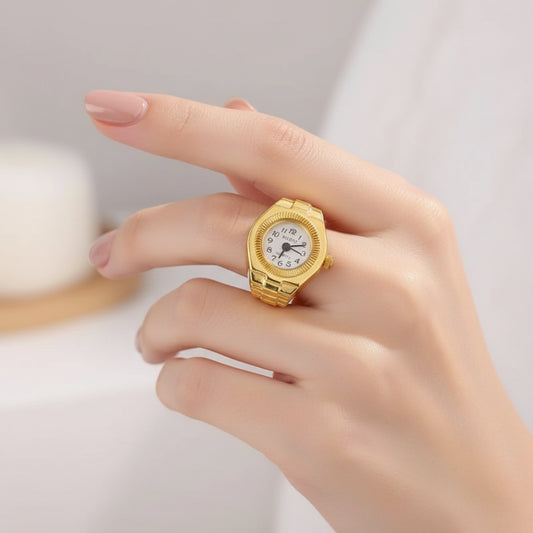 Quartz Watch Ring Goldtone White Face